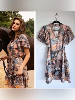 Alden Pink and Blue Paisley Ruffle Wrap Mini Dress